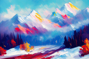 Contemporary Digital Oil Painting of Mountain Landscape in Vibrant Colors