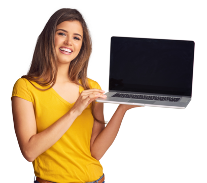 Portrait, website and a woman showing to a laptop screen display isolated on a transparent background for information. Computer, internet and happy young person with a blank tech on PNG for marketing