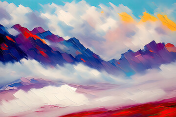 Contemporary Digital Oil Painting of Mountain Landscape in Vibrant Colors