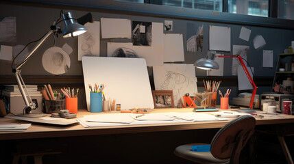 Graphic artist's workspace with design and drawing supplies