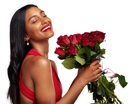 Happy, beauty and face of a woman with roses isolated on png transparent background for valentines day. Makeup, model and young Indian girl with a flower bouquet and smile for romance, love or date