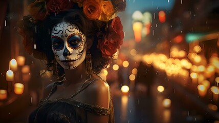 Bunte Tradition: Junge Frau feiert Tag der Toten als geschminktes Skelett - obrazy, fototapety, plakaty
