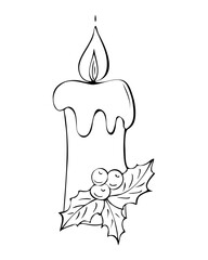 Candle with Christmas holiday decoration with Poinsettia star. The art of drawing outline doodles. For Christmas card.
