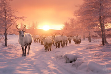 Winter Wonderland: Reindeer in Snowy Sunset