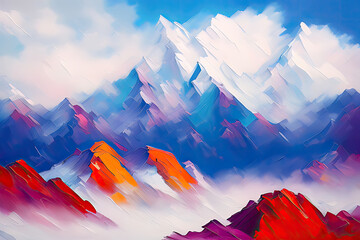 Contemporary Digital Oil Painting of Mountain Landscape in Vibrant Colors