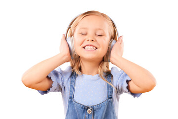 Headphones, smile or child streaming music to relax and freedom isolated on png transparent...