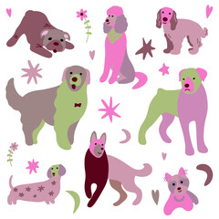 Cute dogs vector set. Cartoon dogs collection in pink and green colors with stars, moons, flowers, hearts. Set of funny pet animals isolated on white background.