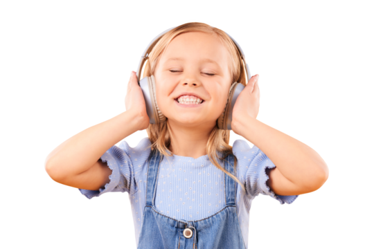 Headphones, smile or child streaming music to relax and freedom isolated on png transparent background. Face, sing and happy girl singer listening to radio song, sound or audio on online subscription