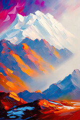 Contemporary Digital Oil Painting of Mountain Landscape in Vibrant Colors
