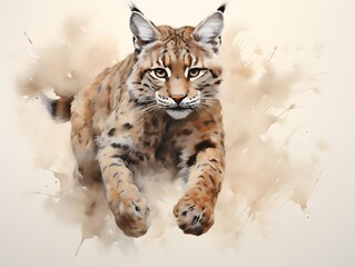 Obraz premium Graceful Wildlife: Bobcat Soaring in Watercolor Style