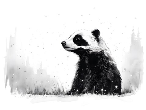 Playful Badger: Rudimentary Scribble Sketch Set Against a Snowy Backdrop