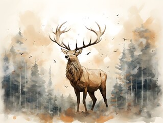 Masterful Brushstrokes: Juxtaposed Elk Painting in Minimalist Nature Study