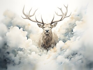 Nature's Awe: Low-Angle Elk Capture in Watercolor Style