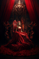 Red queen with crown sits on the throne, princess. AI generative