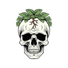 Human skull with green leaves illustration.