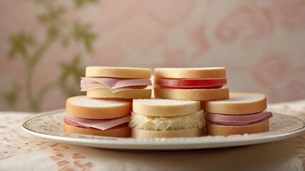 A delectable stack of finger sandwiches arranged on a tiered tray, presented on a lace tablecloth, against a faded patterned backdrop, AI generated, background image