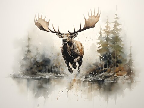 Captivating Moose: Low-Angle Perspectives in Serene Paintings