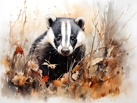 Majestic Forest Wildlife: Watercolor Badger on White