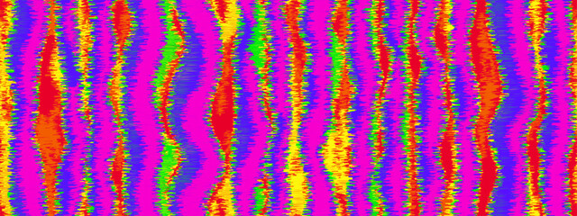 Batik ikat or tie dye vivid seamless pattern with neon psychedelic waves. Abstract vector background in ethnic or boho style. Washed digital watercolor fabric