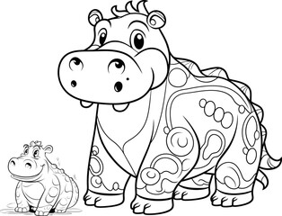 Hippopotamus animal vector and coloring page image