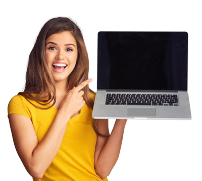 Portrait, wow and a woman pointing to a laptop screen isolated on a transparent background for information. Computer, surprise and a happy young person showing an empty display on PNG for marketing