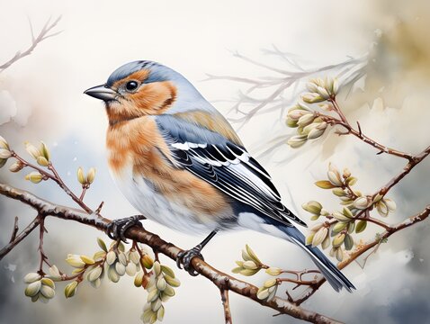 Vibrant Avian Art: Cartoonstyle Watercolor Print of a Common Chaffinch
