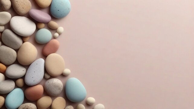 space for text on pastel background surrounded by beautiful pebbles decoration, AI generated, background image