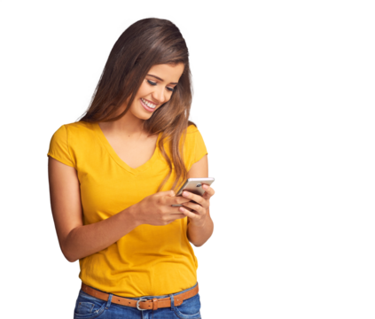 Happy, woman and typing with smartphone to chat, update social media post or mobile games isolated on transparent png background. Cellphone, scroll or search web for news, reading notification or app