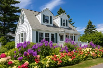 Fototapeta na wymiar cape cod with dormers, decorated with summer flowers