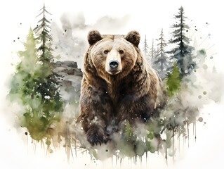 Wilderness Wonders: Striking Grizzly Bear in a Watercolor Forest Setting