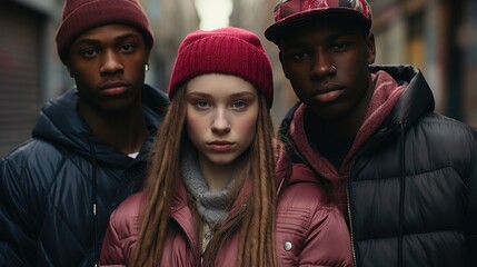 Naklejka premium Teenage street fashion and identity concept. A group of teenagers showing off their unique street style, dressed in the latest urban fashion.
