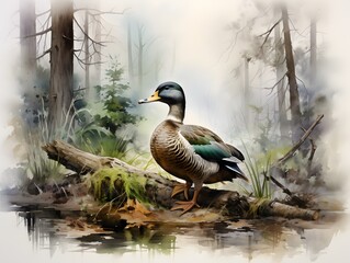 Majestic Mallard: A Serene Watercolor Wildlife Portrait