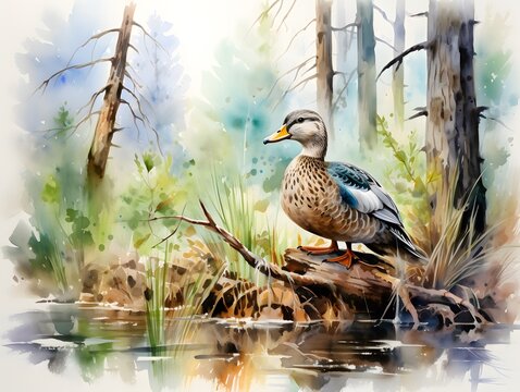 Tranquil Mallard in the Woods: A Delicate Watercolor Masterpiece