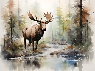 Whimsical Moose: Delightful Watercolor Artwork of a Forest Dweller