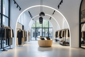 Modern clothing store interior with arched ceiling and hanging lights. - obrazy, fototapety, plakaty