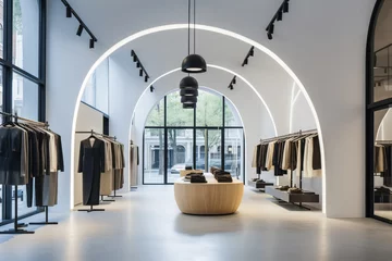 Poster Modern clothing store interior with arched ceiling and hanging lights. © Pics_With_Love