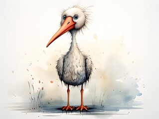 Whimsical Watercolor: Adorable Cartoon Stork with Crosshatched Shading - obrazy, fototapety, plakaty