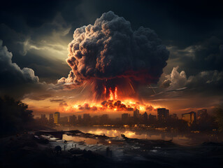 A mushroom cloud from an atomic bomb, depicting destroyed cities and a planet in apocalypse, symbolizing human extinction, war, and the threat of a third world war - obrazy, fototapety, plakaty