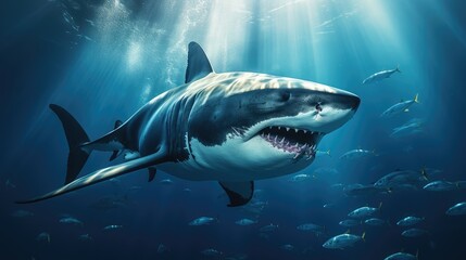 A dangerous predatory shark with a slightly open mouth with many small teeth in the blue depths of...