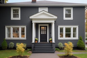 colonial house with dark grey central front door matching window trims