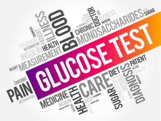 Glucose Test - measures the glucose levels in your blood, word cloud concept background