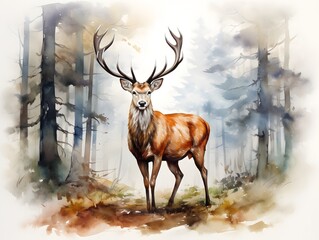 Enchanting Forest Encounter: Red Deer Amidst Lush Woods