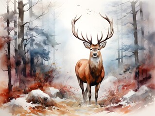 Majestic Red Deer: Captivating Woodland Creature in Watercolor