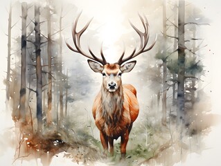 Nature's Artistry: Watercolor Red Deer in Serene Woodland Setting