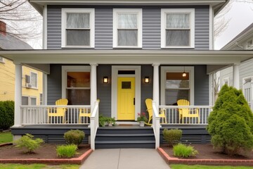 Fototapeta na wymiar smoky gray colonial house with a vibrant yellow front door