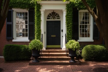 colonial architecture, front door in the middle with topiary on each side