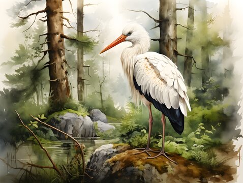 Majestic Stork: Captivating Wildlife in Watercolor
