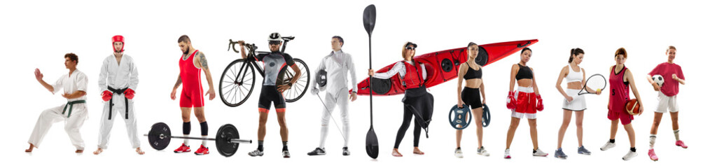 Set of different people, sportsmen of diverse sports standing with sport attributes isolated over white background. Concept of sport, competition, achievements, event, game. Banner