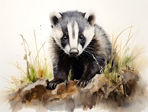 Adorable Cartoon Badger: Watercolor Print with Crosshatched Shading