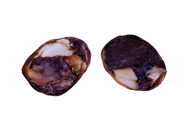 Slices of horsemeat sausage on a white background